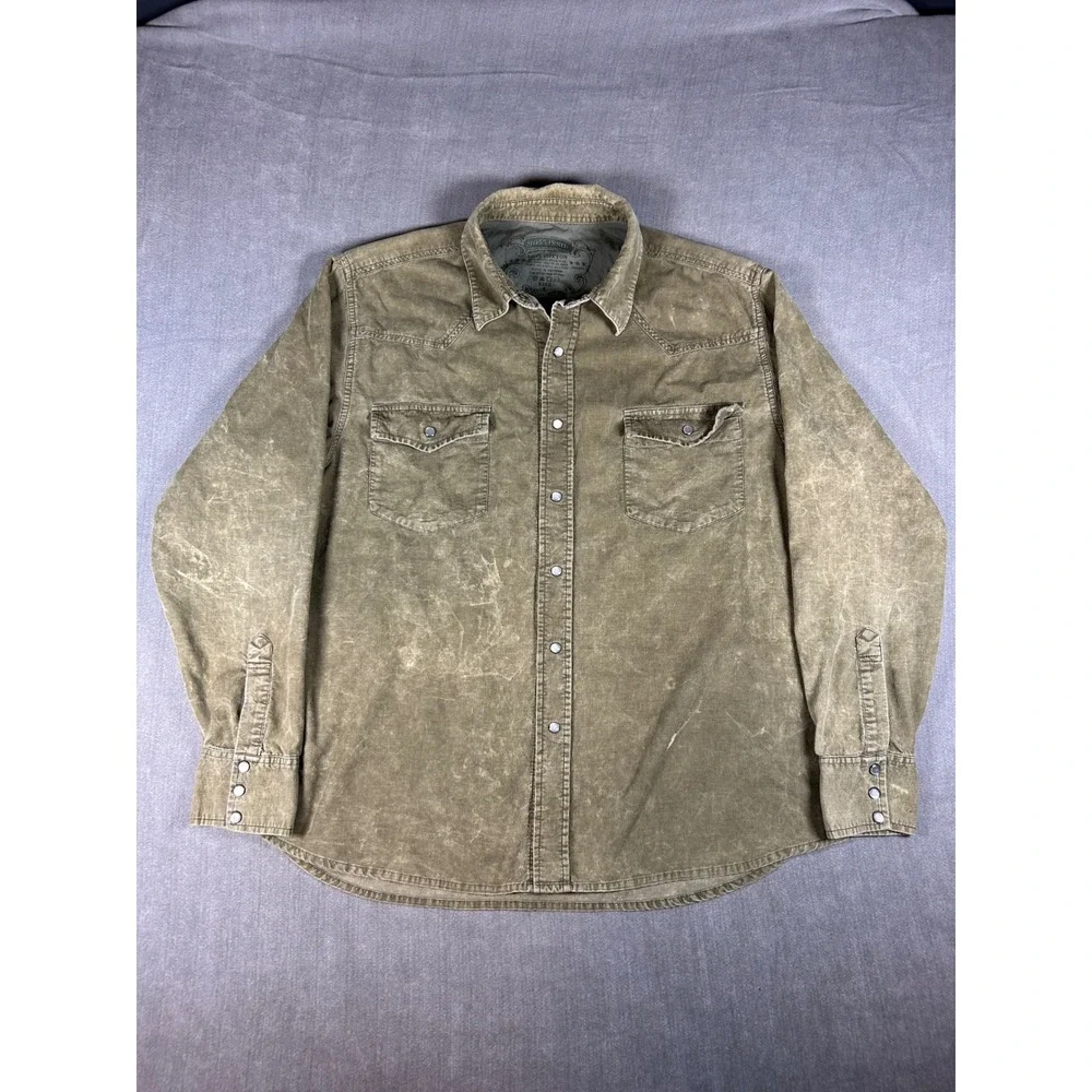 Mossimo Supply Co Mens Corduroy Western Shirt Olive Acid Wash Pearl Snap Large